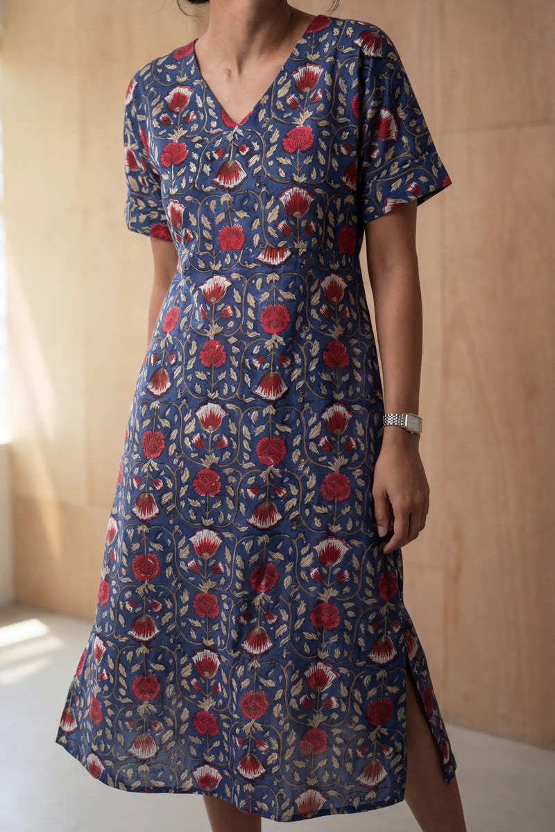 Indigo Red Block Printed Half Sleeve Dress
