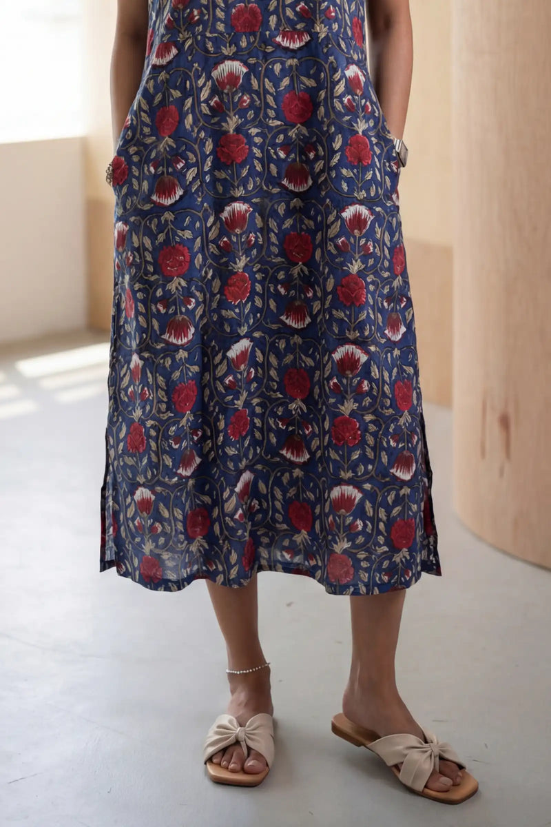 Indigo Red Block Printed Half Sleeve Dress
