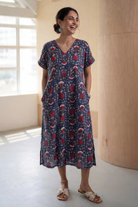 Indigo Red Block Printed Half Sleeve Dress
