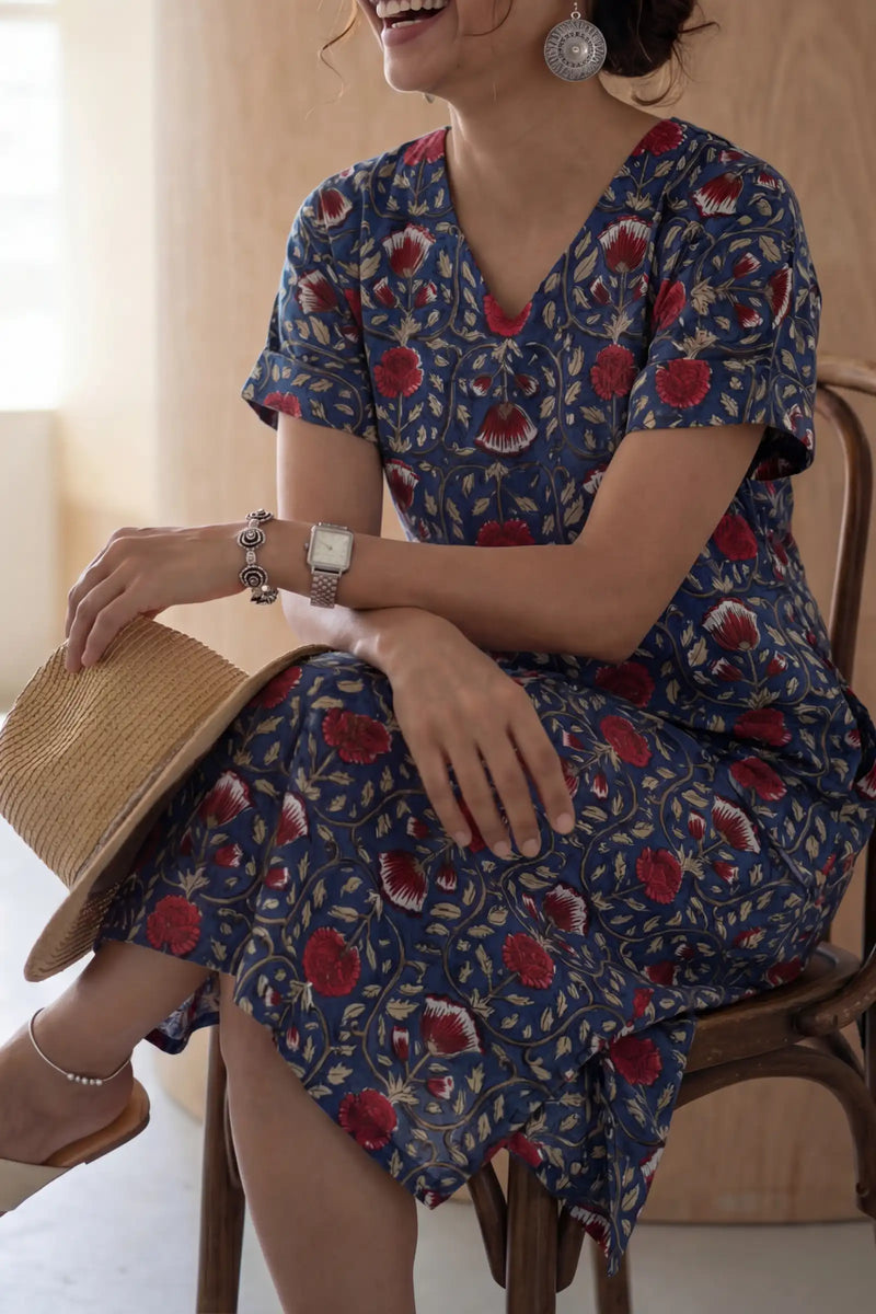 Indigo Red Block Printed Half Sleeve Dress