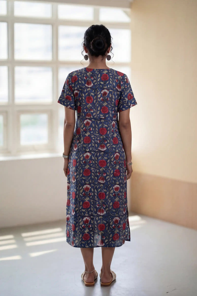 Indigo Red Block Printed Half Sleeve Dress