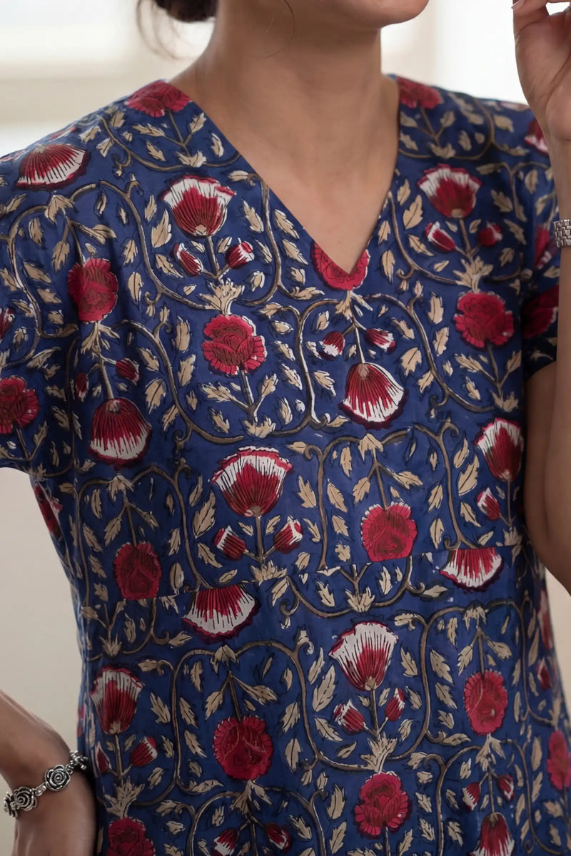 Indigo Red Block Printed Half Sleeve Dress