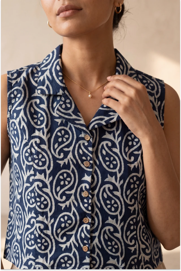 Hand Block Printed Indigo Sleeveless Crop Shirt