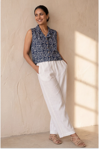 Hand Block Printed Indigo Sleeveless Crop Shirt