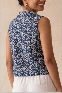 Hand Block Printed Indigo Sleeveless Crop Shirt