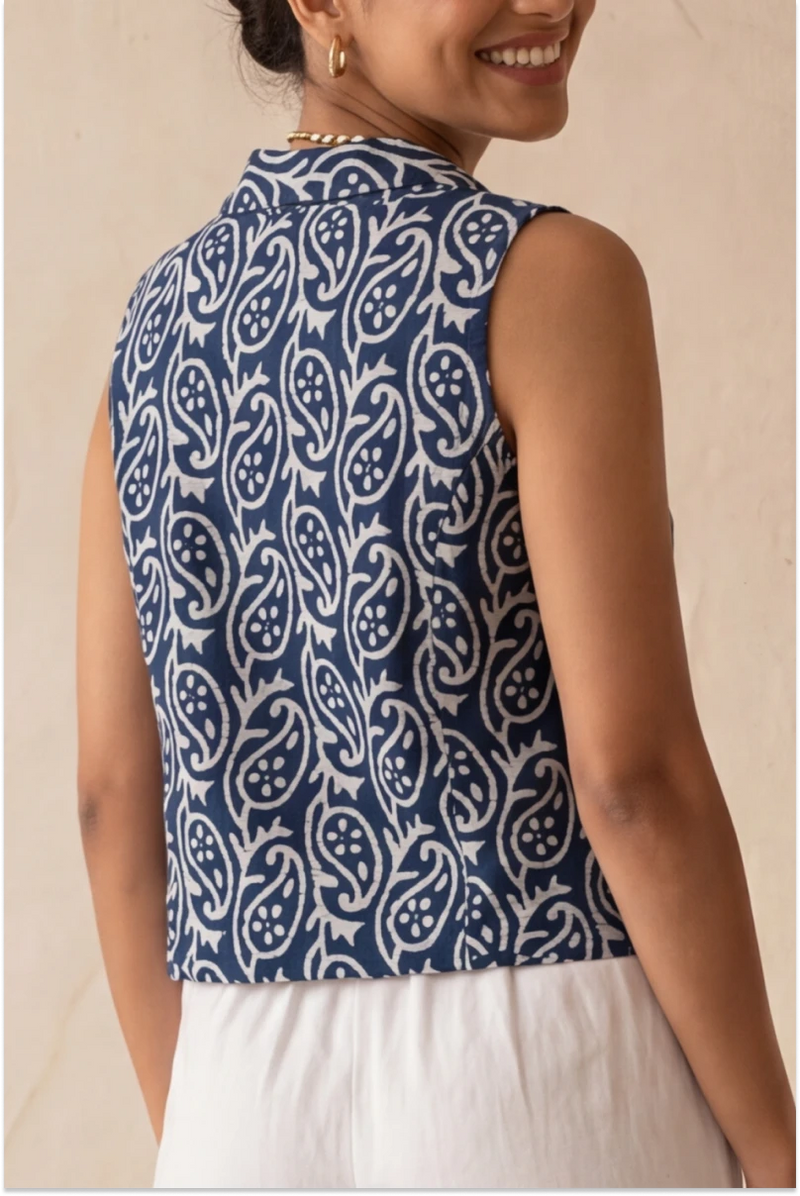 Hand Block Printed Indigo Sleeveless Crop Shirt