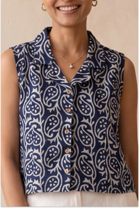 Hand Block Printed Indigo Sleeveless Crop Shirt