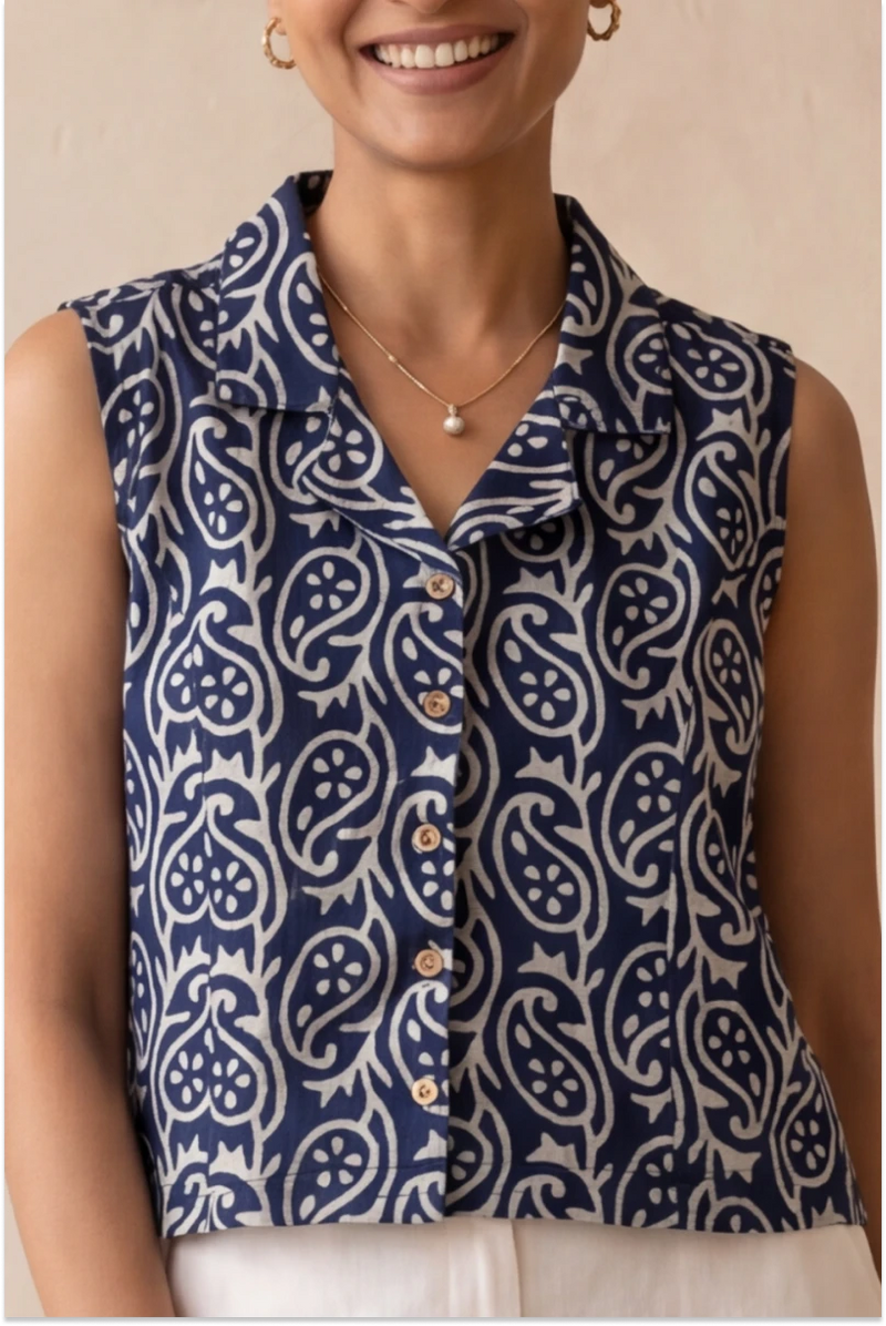 Hand Block Printed Indigo Sleeveless Crop Shirt