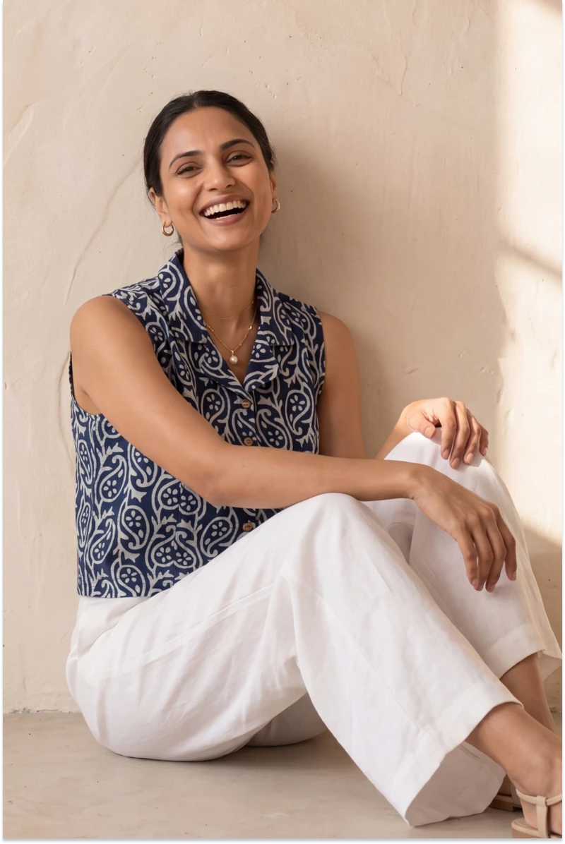 Hand Block Printed Indigo Sleeveless Crop Shirt