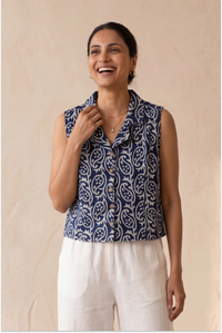 Hand Block Printed Indigo Sleeveless Crop Shirt