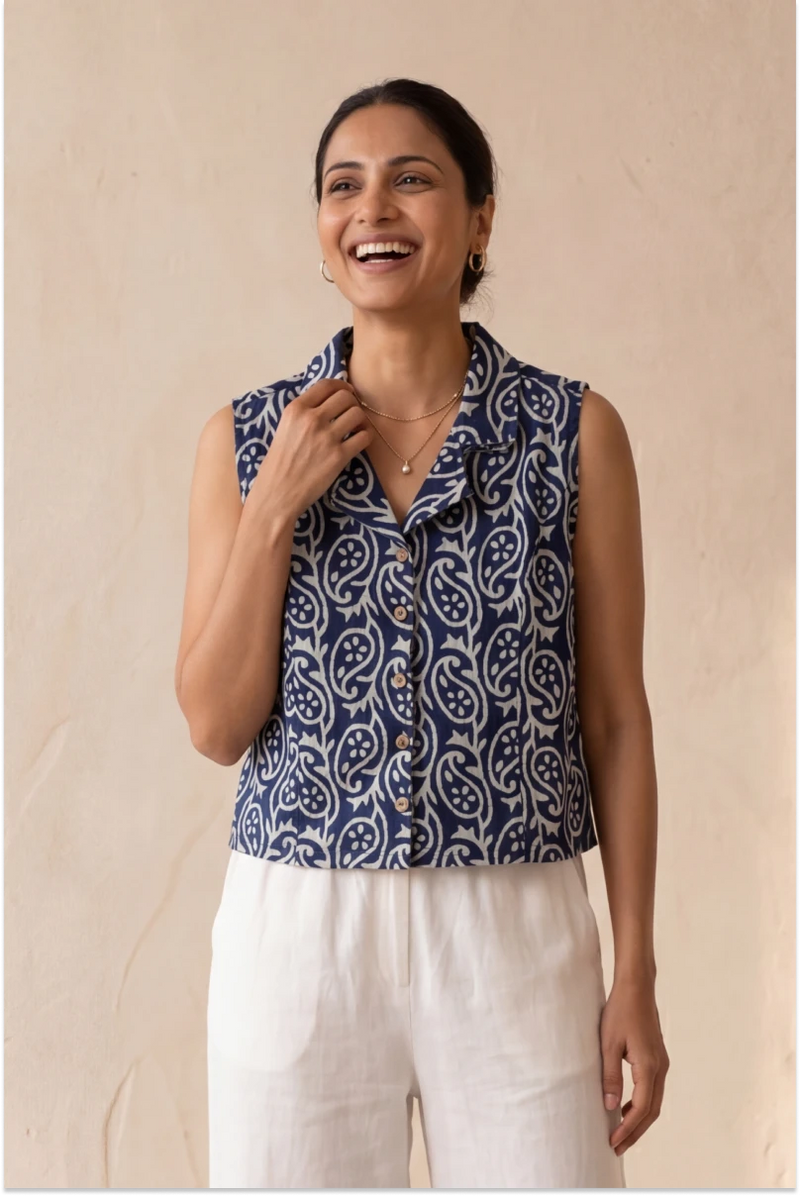 Hand Block Printed Indigo Sleeveless Crop Shirt