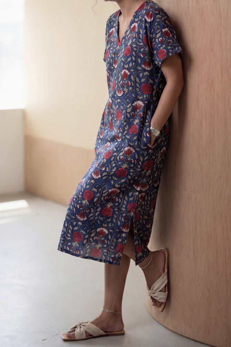 Maya Navy Blue Block Printed Half Sleeve Dress