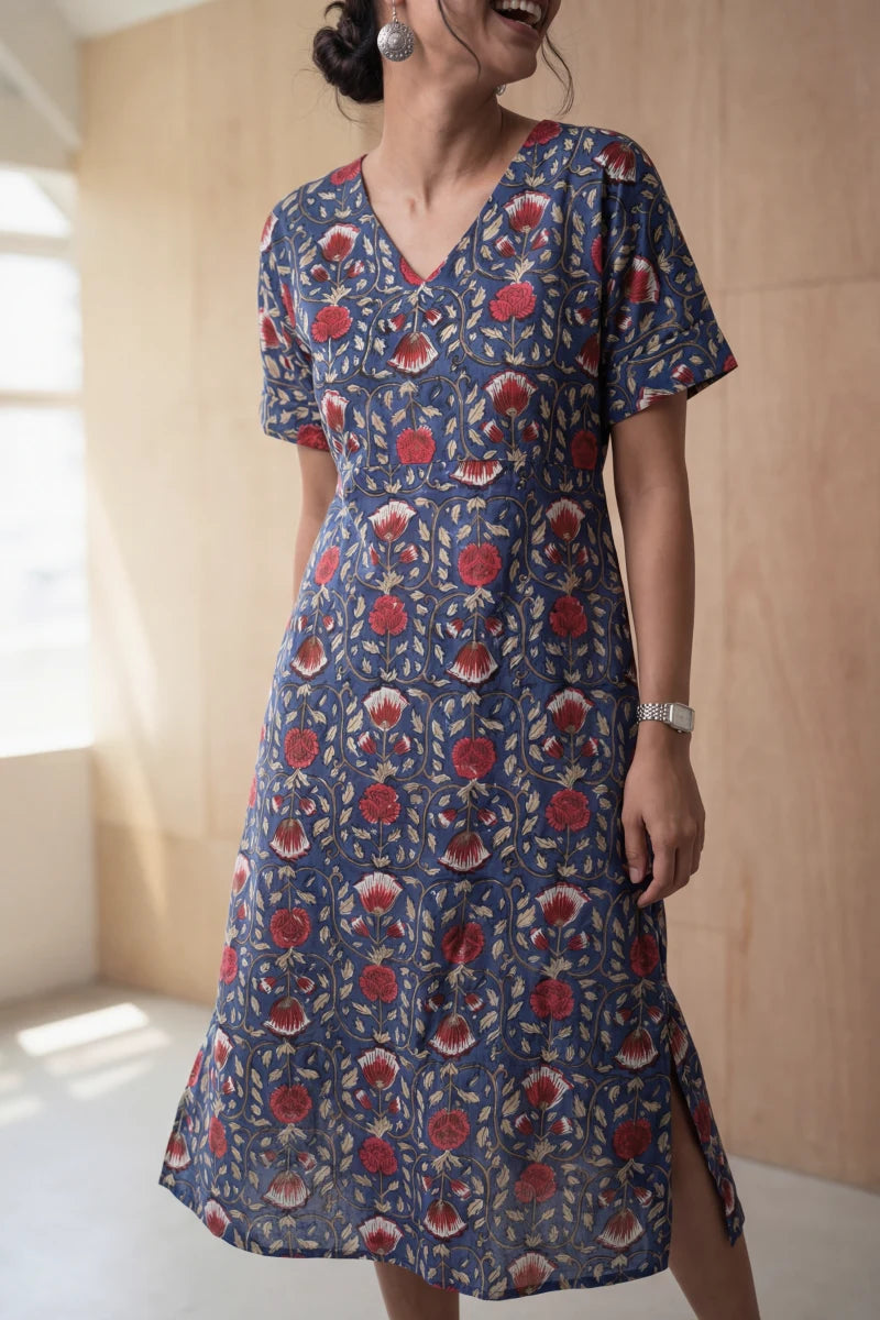 Maya Navy Blue Block Printed Half Sleeve Dress