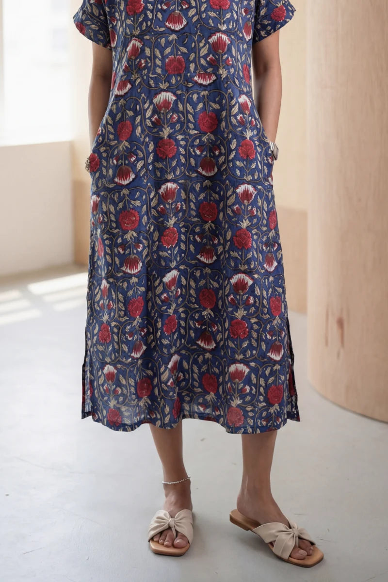 Maya Navy Blue Block Printed Half Sleeve Dress