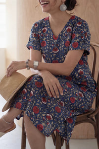Maya Navy Blue Block Printed Half Sleeve Dress