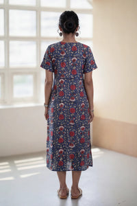Maya Navy Blue Block Printed Half Sleeve Dress
