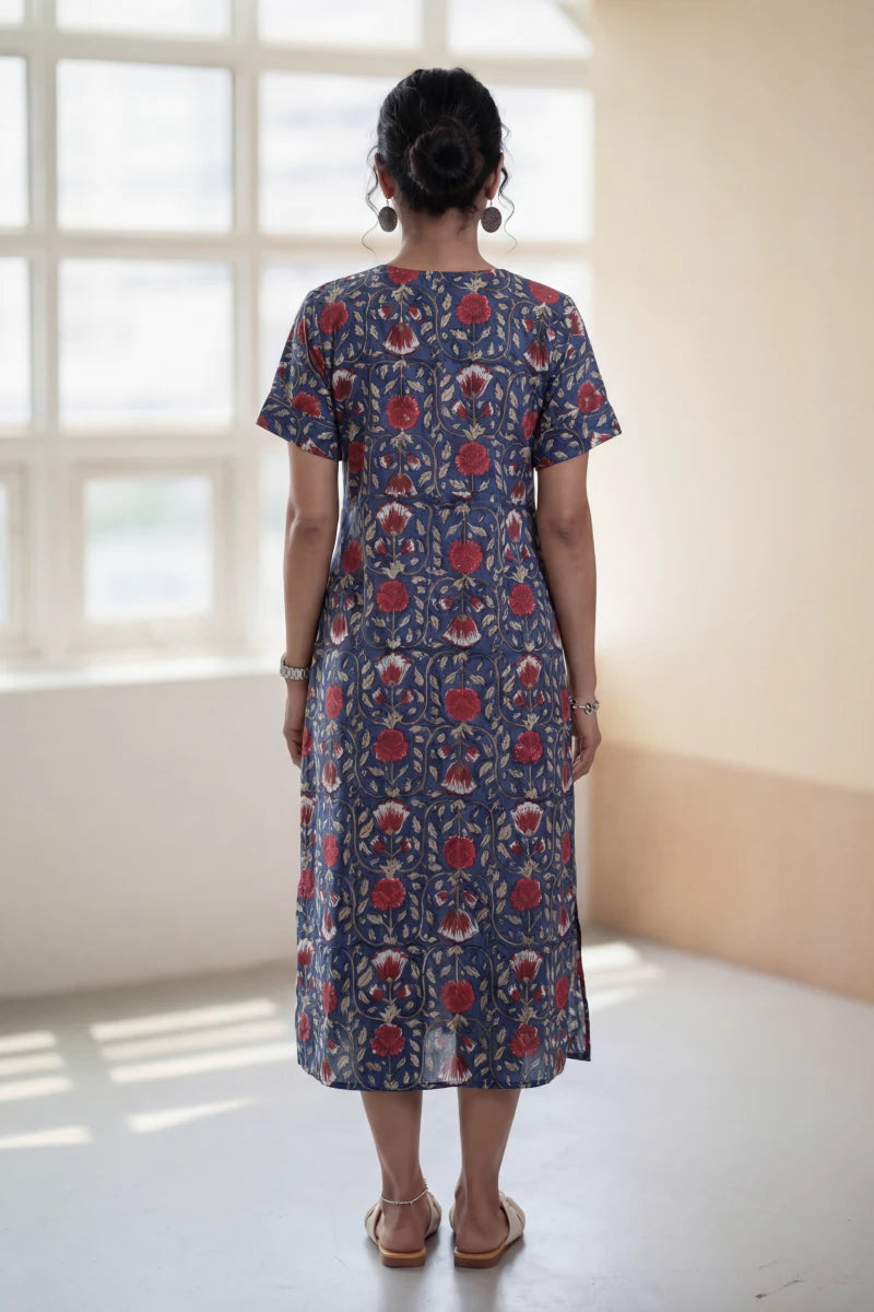 Maya Navy Blue Block Printed Half Sleeve Dress