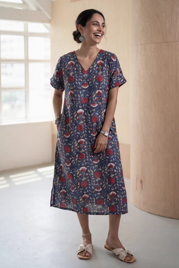 Maya Navy Blue Block Printed Half Sleeve Dress
