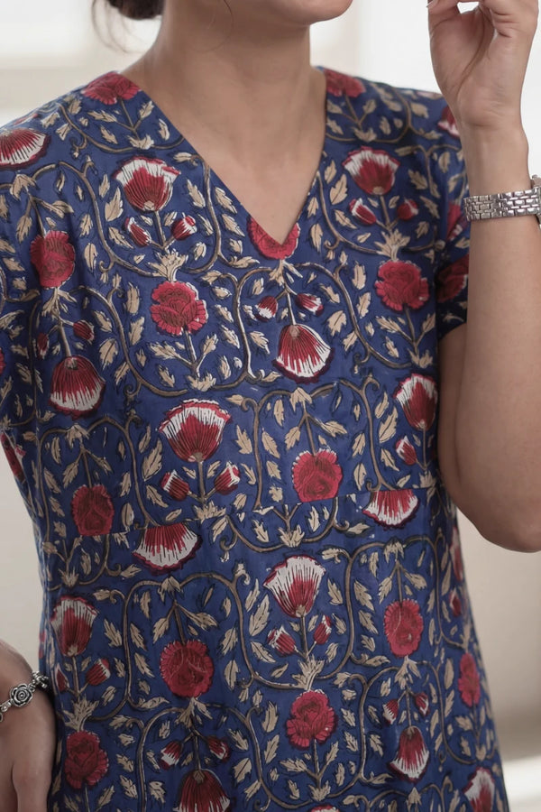 Maya Navy Blue Block Printed Half Sleeve Dress