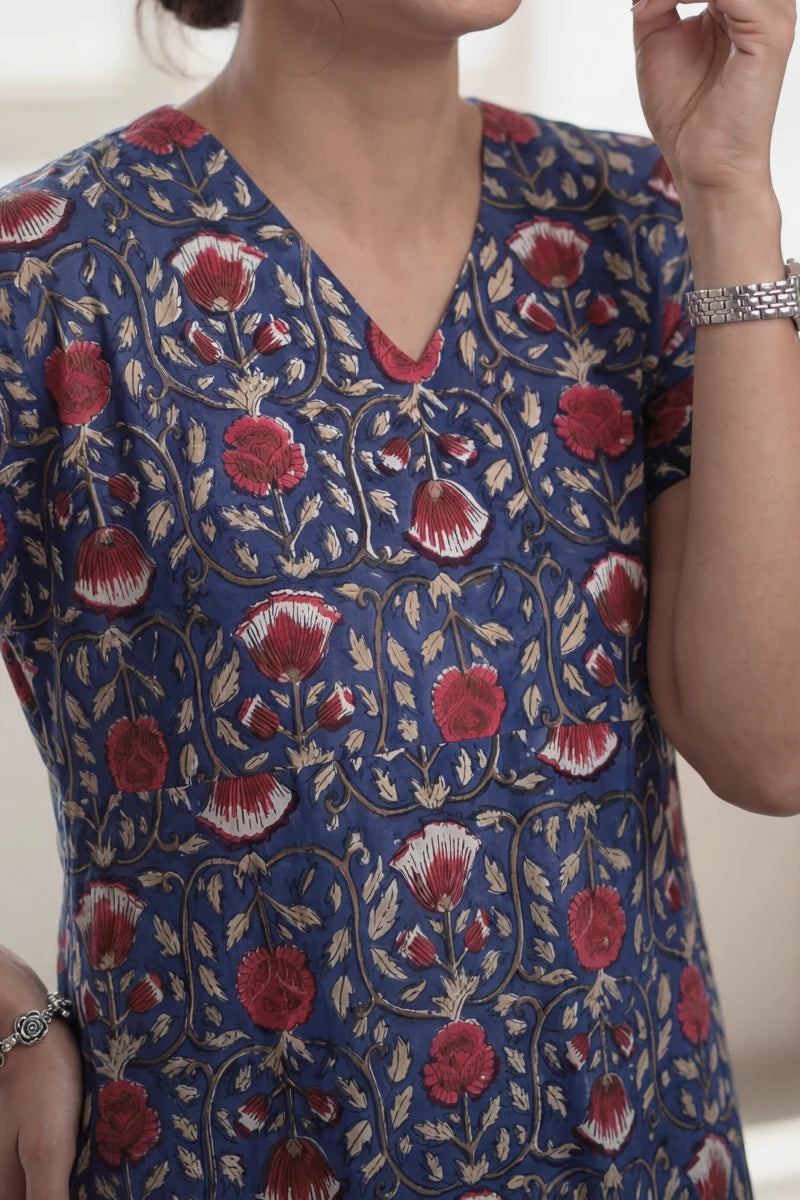 Maya Navy Blue Block Printed Half Sleeve Dress