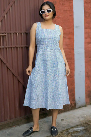 Avni Hand Block Printed Blue Sleeveless Midi Dress