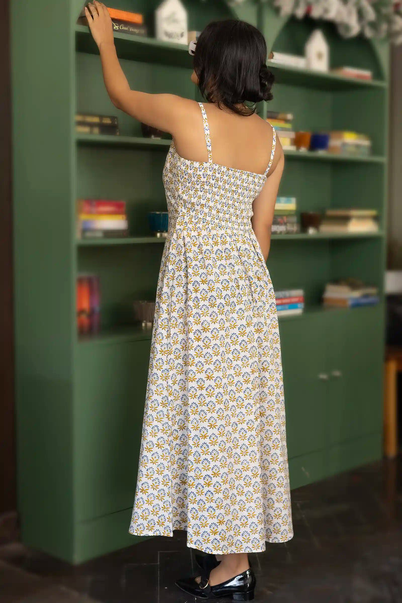 Yellow cassia print dress in breathable handmade cotton