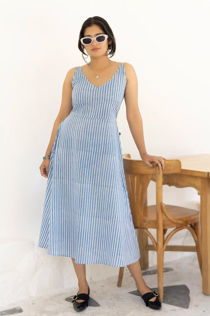 Hand block printed sleeveless midi dress for women