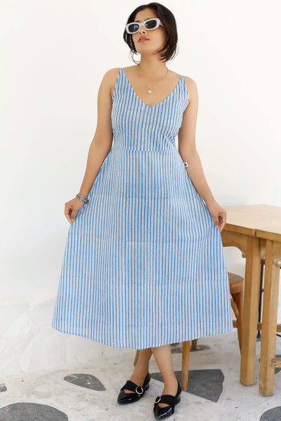 Handmade blue striped sleeveless midi dress in organic cotton