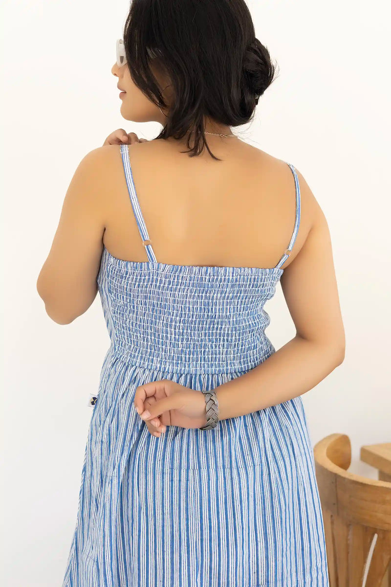 Organic cotton sleeveless dress with blue hand block print