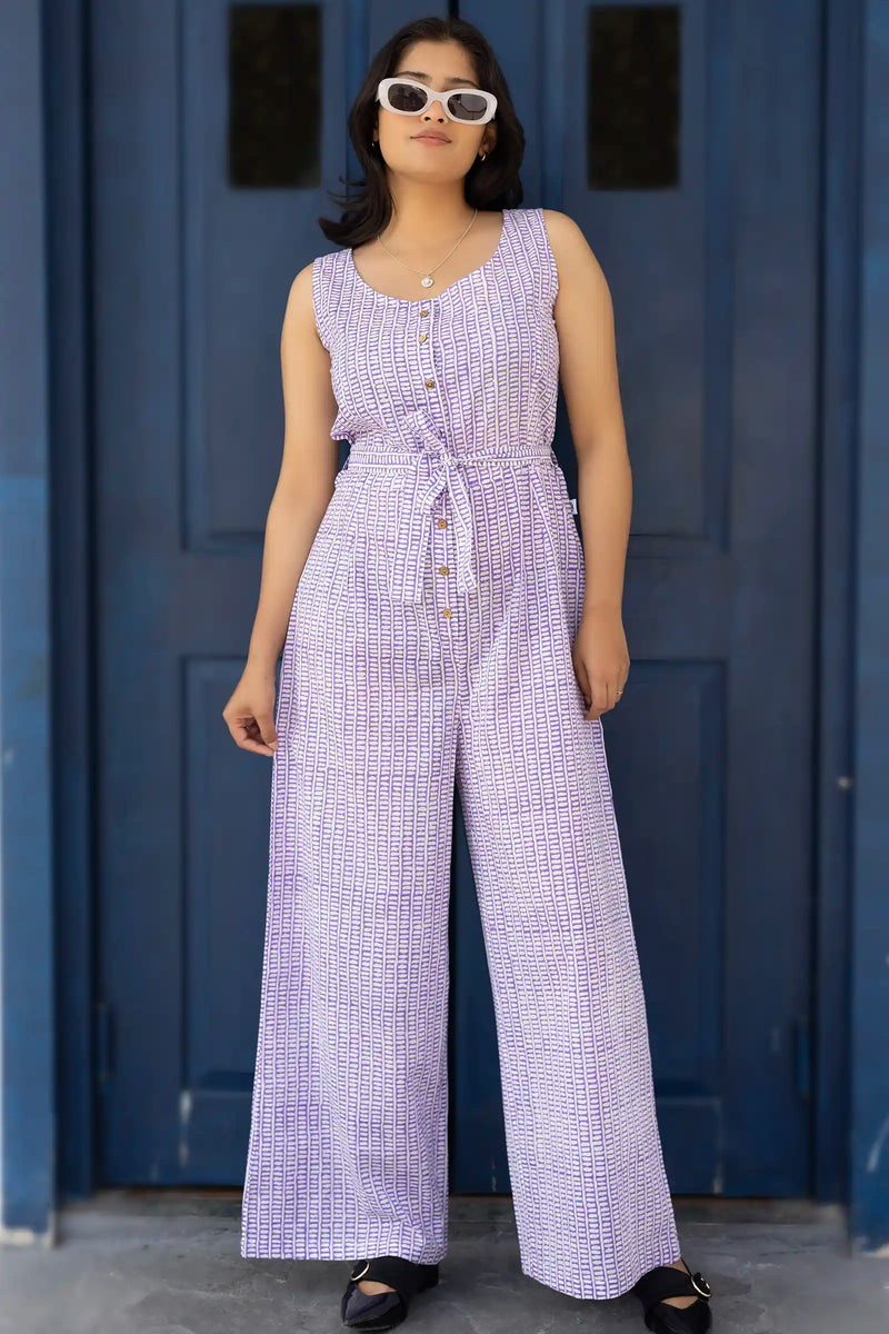 Zahra Hand Block Printed Violet Striped Jumpsuit for Women