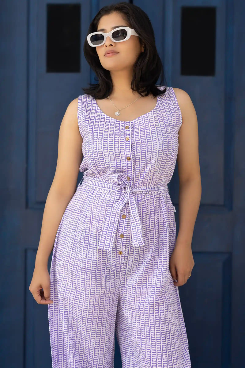 Stylish Zahra hand block print jumpsuit in violet stripes