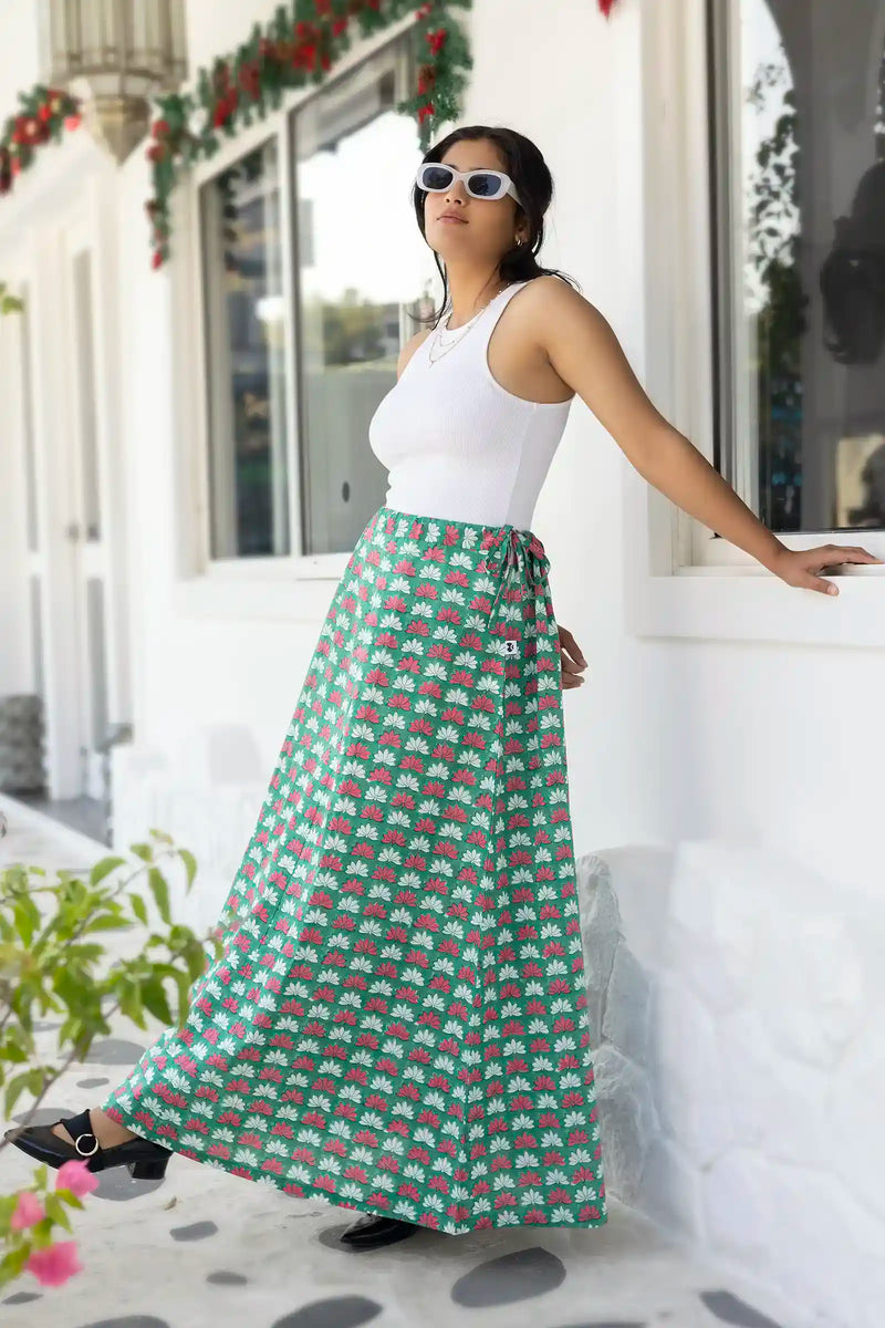 Bella block print green lotus skirt for festive wear