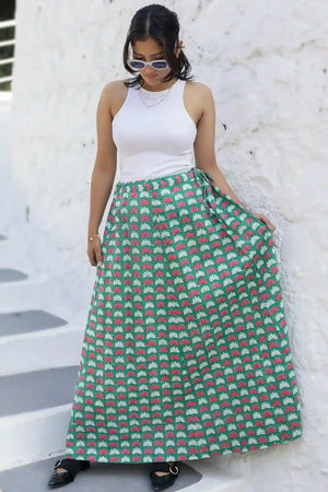 Bella Hand Block Printed Green Lotus Skirt