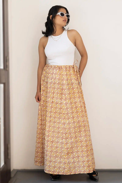 Bella hand-block-printed maroon geometric skirt for women