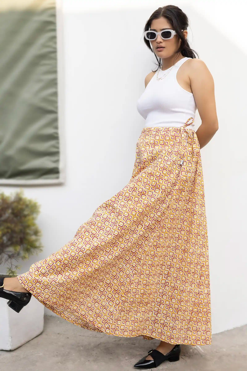 Hand-block-printed maroon geometric-style skirt by Bella