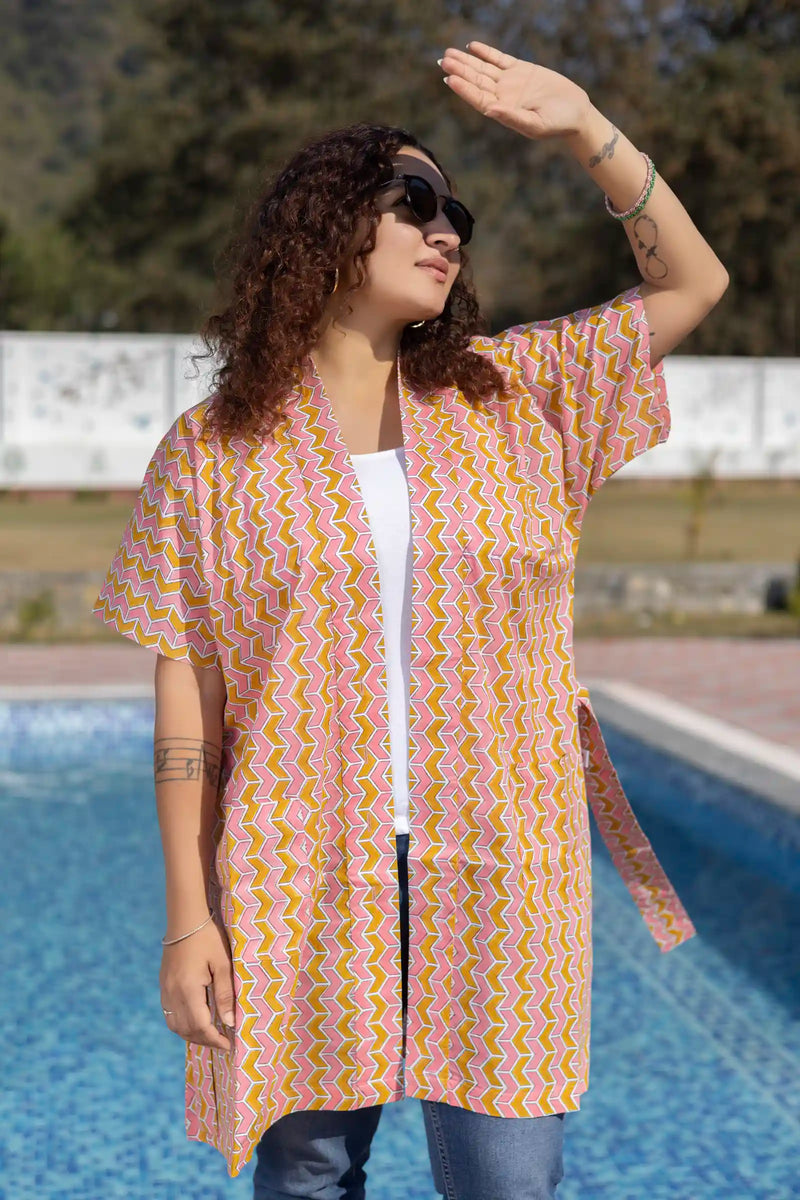 Bani Hand Block Printed Yellow Geometric Kimono Dress