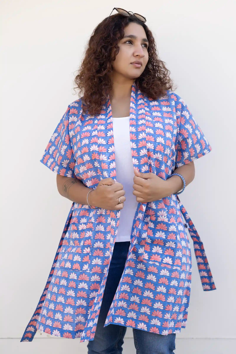 Bani Hand Block Printed Blue Lotus Kimono Dress