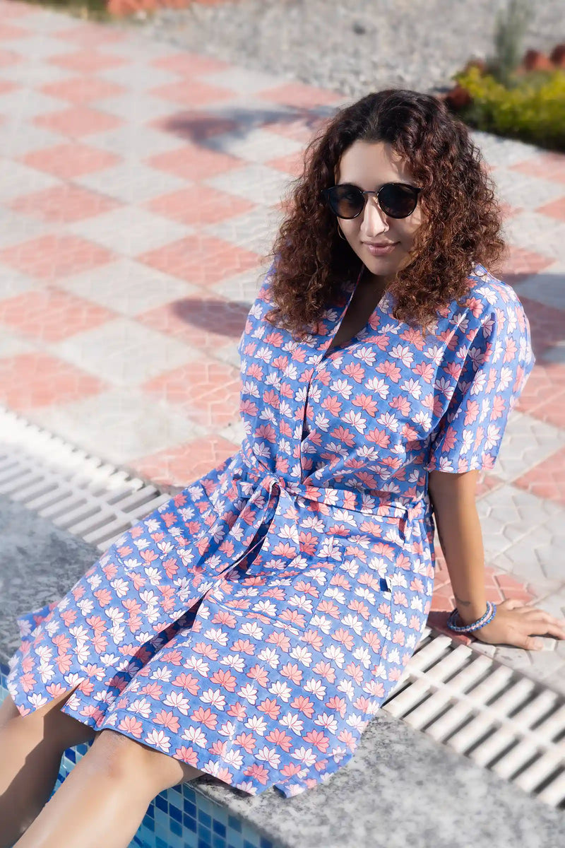 Bani Hand Block Printed Blue Lotus Kimono Dress