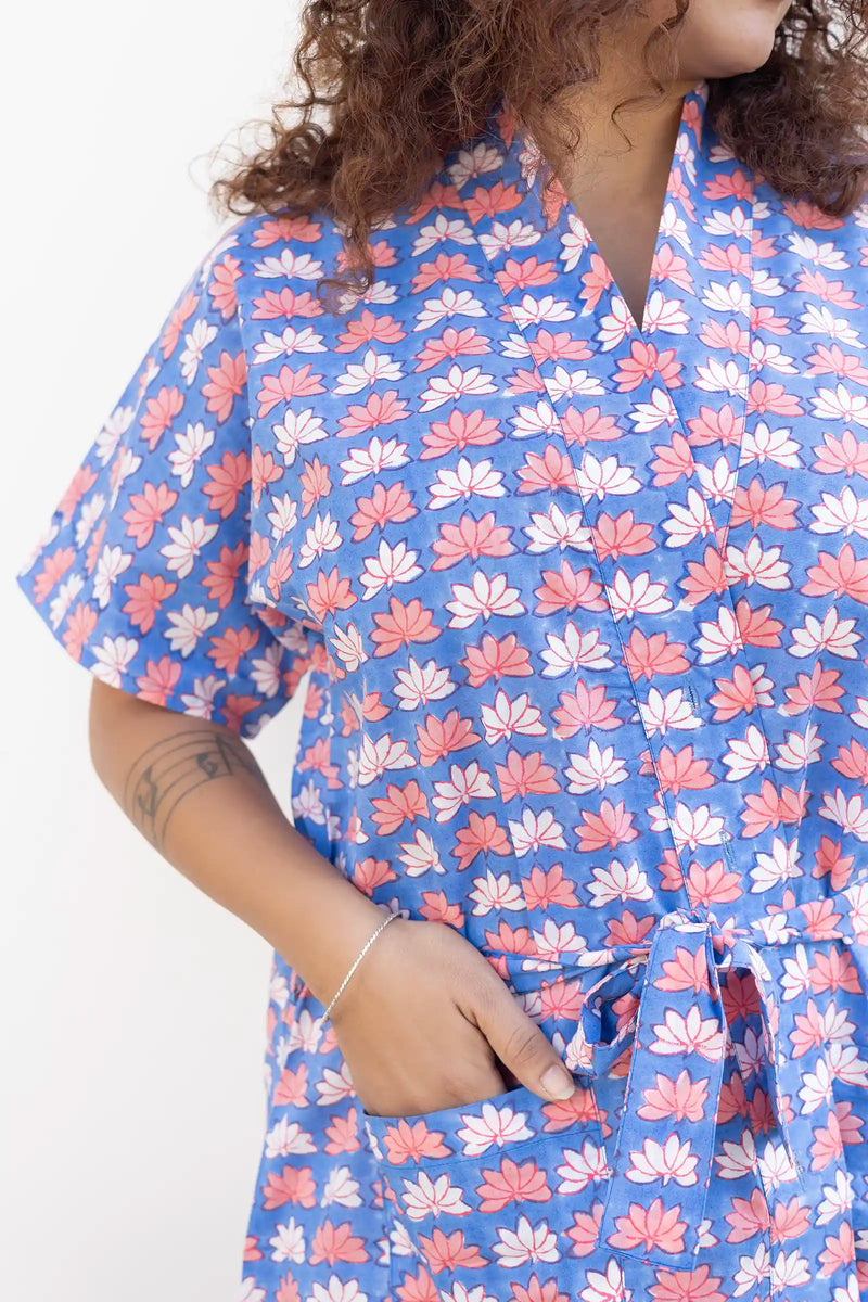 Bani Hand Block Printed Blue Lotus Kimono Dress