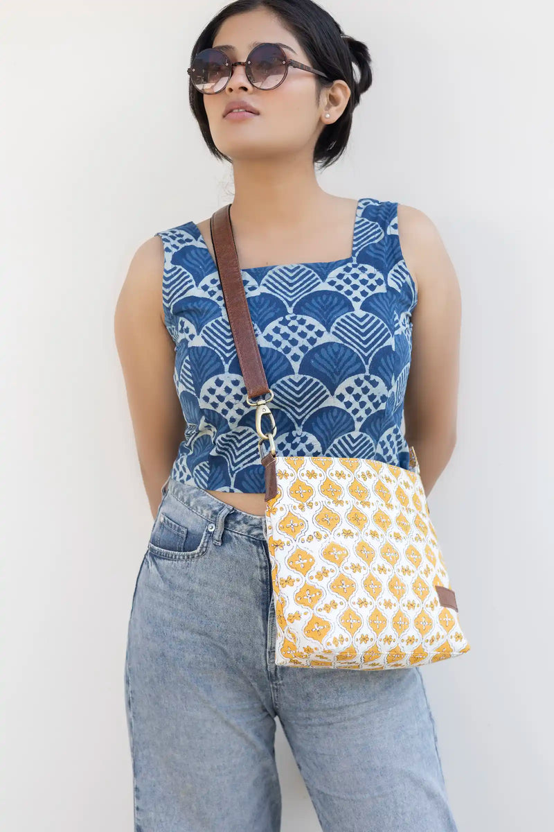 Hand Block Printed Yellow Raahi Messenger Bag