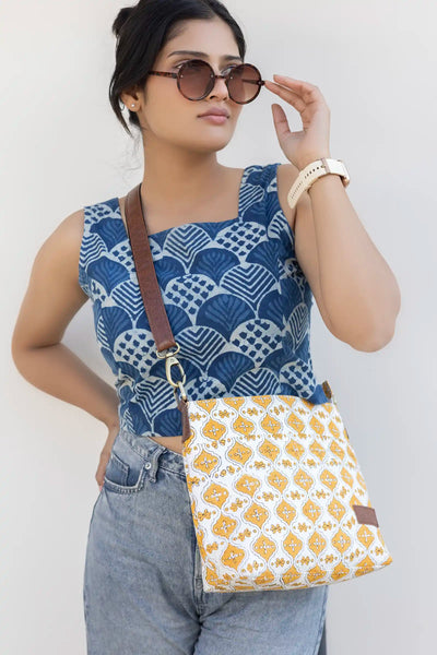 Hand Block Printed Yellow Raahi Messenger Bag