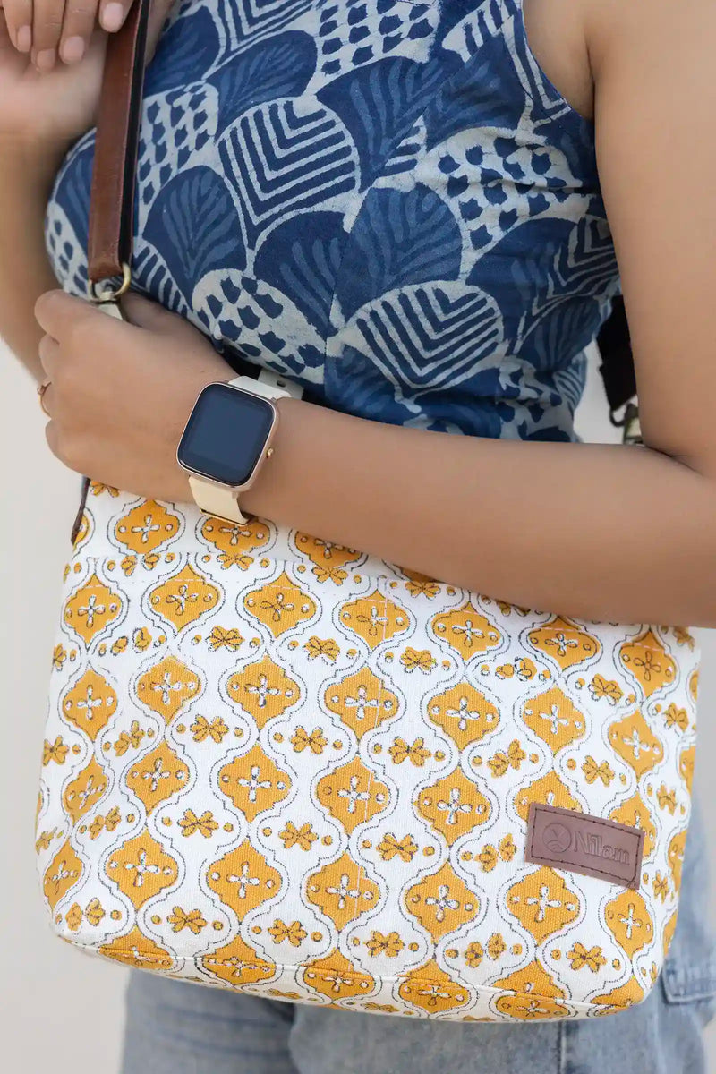 Hand Block Printed Yellow Raahi Messenger Bag