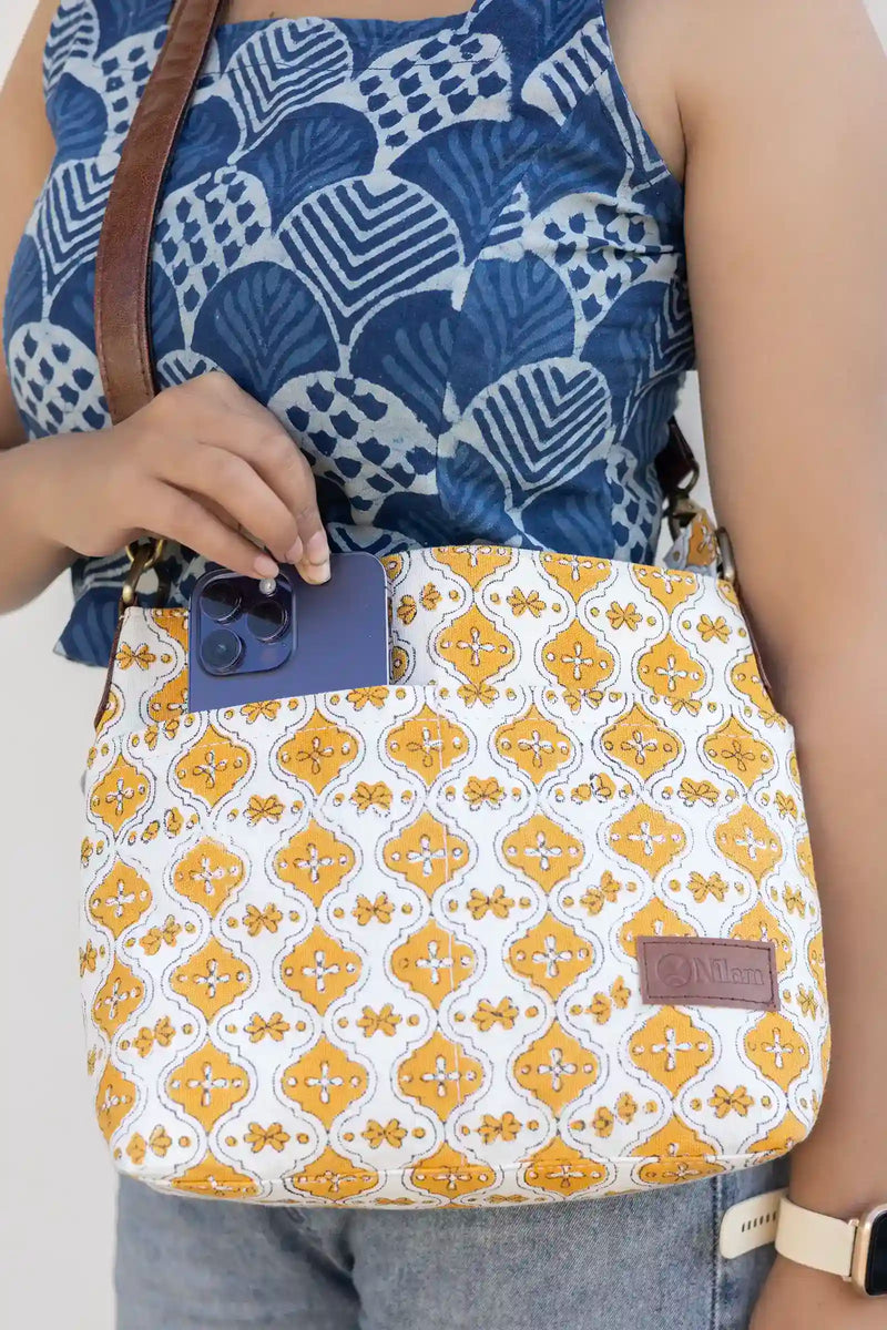 Hand Block Printed Yellow Raahi Messenger Bag