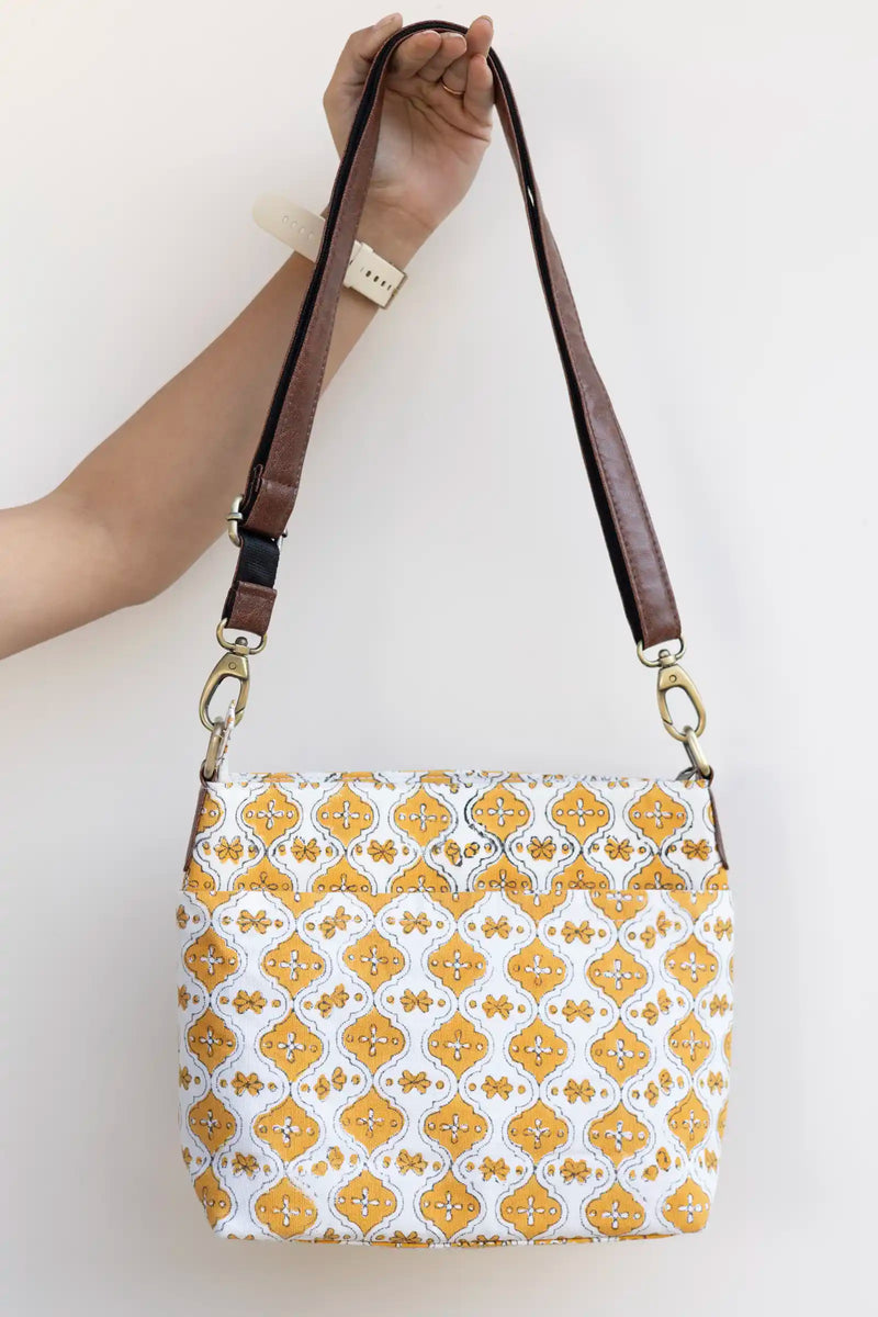 Hand Block Printed Yellow Raahi Messenger Bag