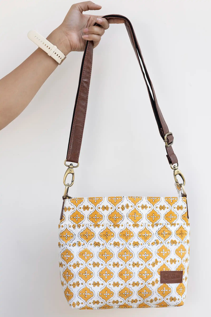 Hand Block Printed Yellow Raahi Messenger Bag