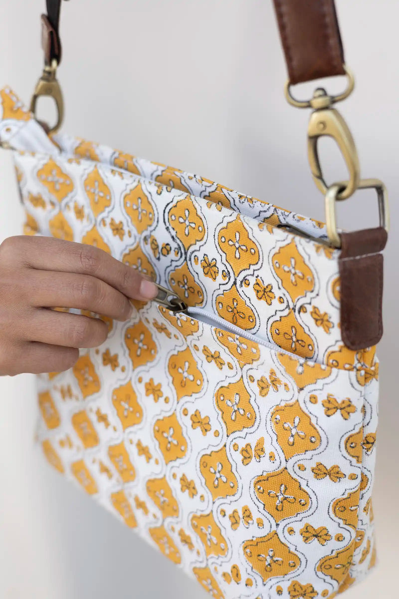 Hand Block Printed Yellow Raahi Messenger Bag