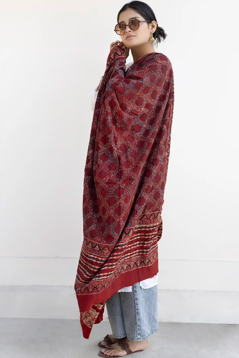 Leher Ajrakh Modal Satin Maroon Dupatta