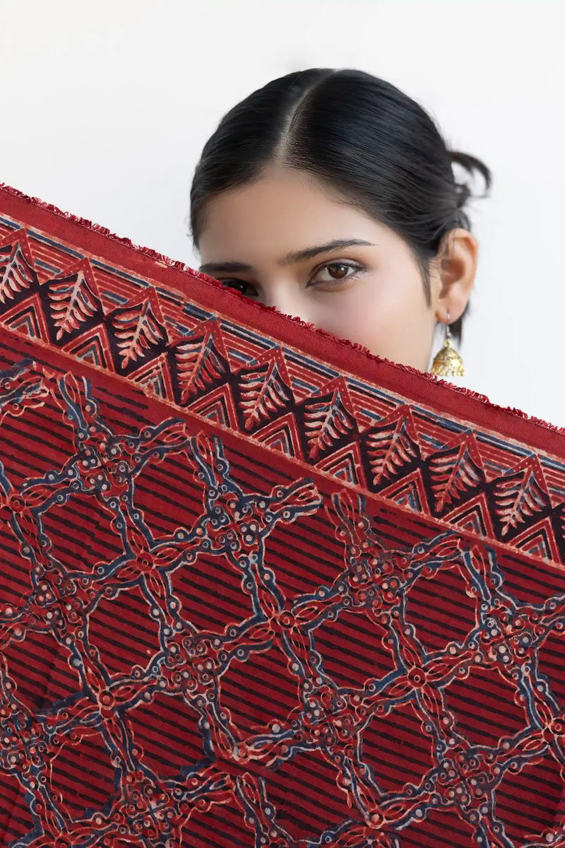 Leher Ajrakh Modal Satin Maroon Dupatta
