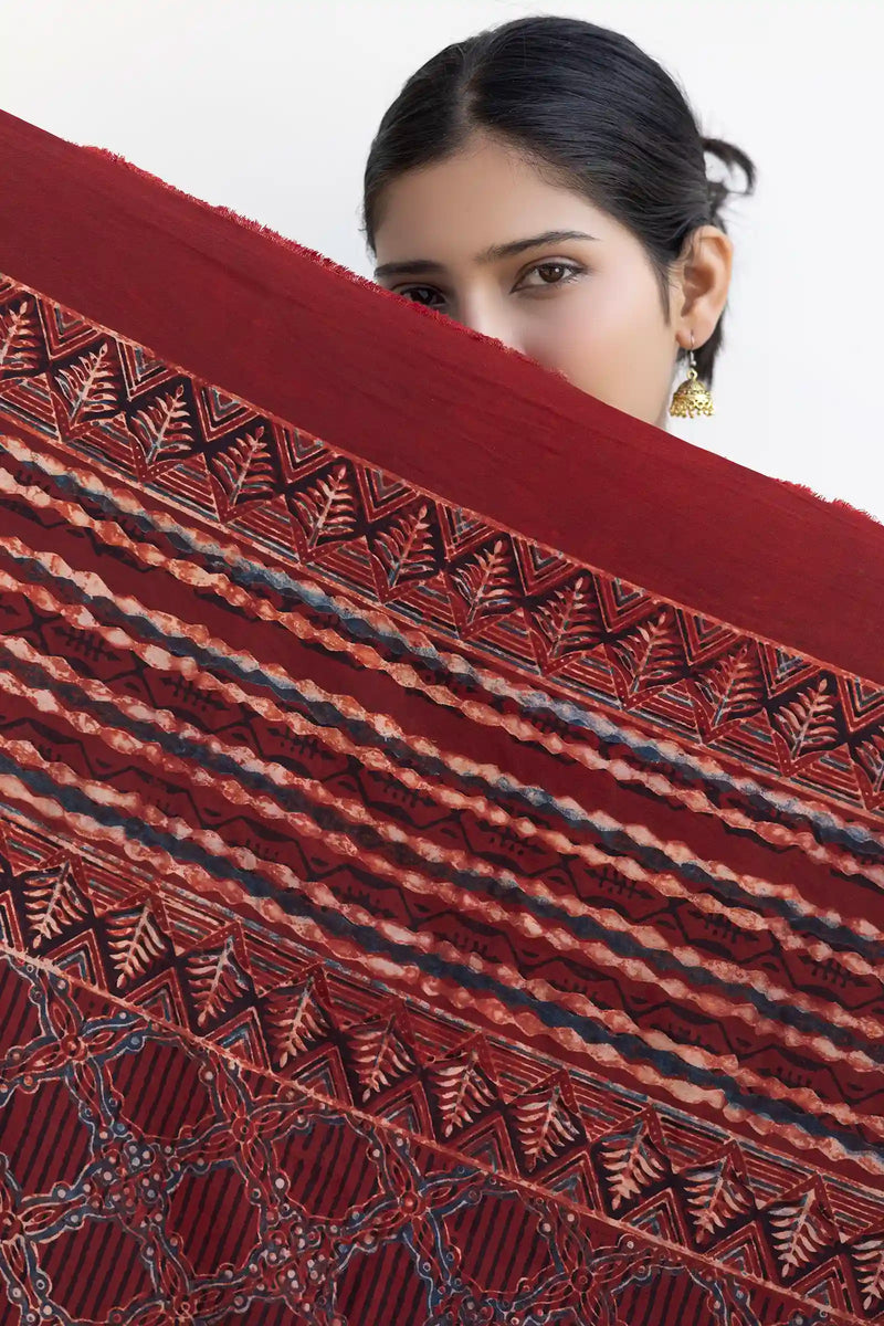 Leher Ajrakh Modal Satin Maroon Dupatta