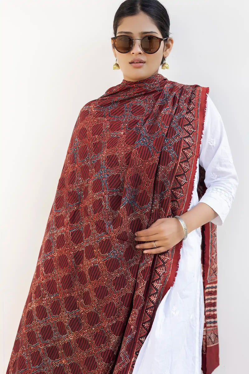 Leher Ajrakh Modal Satin Maroon Dupatta